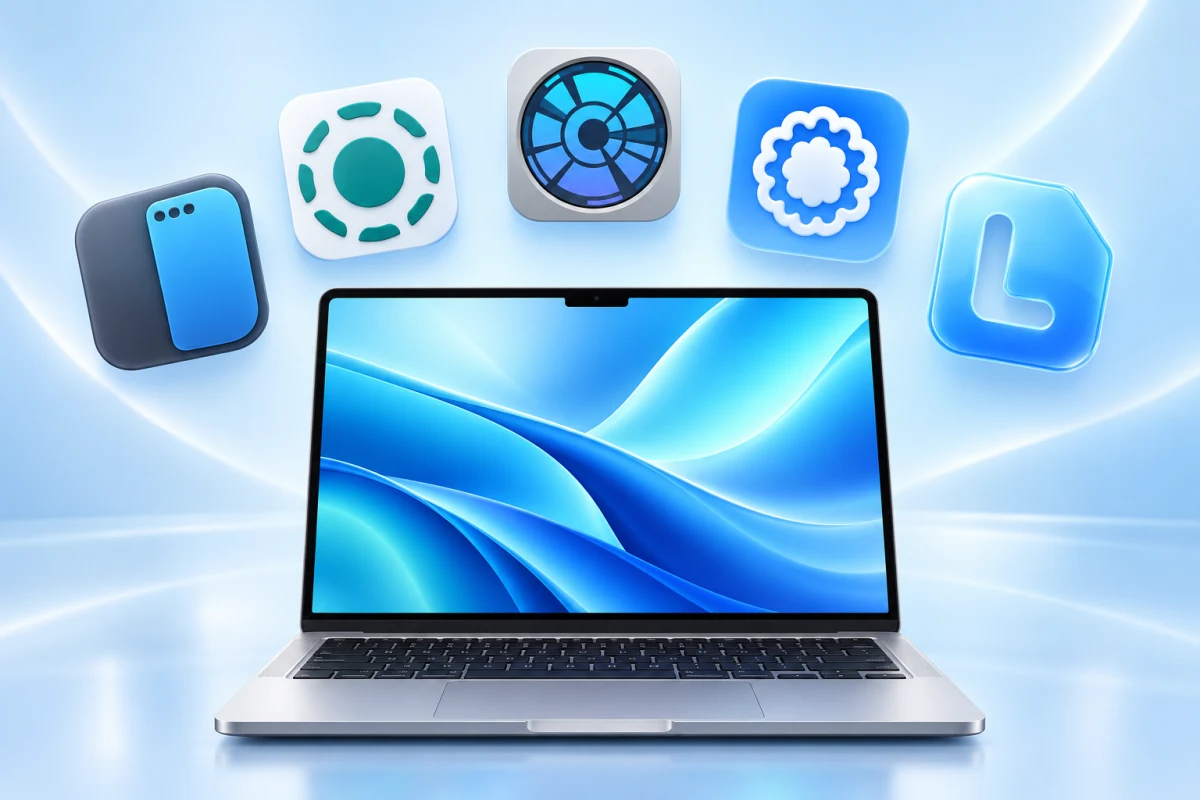 Five useful Mac apps: Rectangle, LocalSend, DaisyDisk, Recordly and Linkhiv, with a notched silver MacBook and five floating app icons.