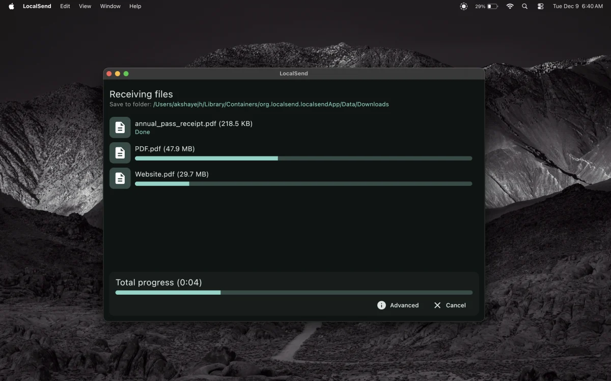 LocalSend on macOS receiving PDF files, with individual and overall transfer progress.