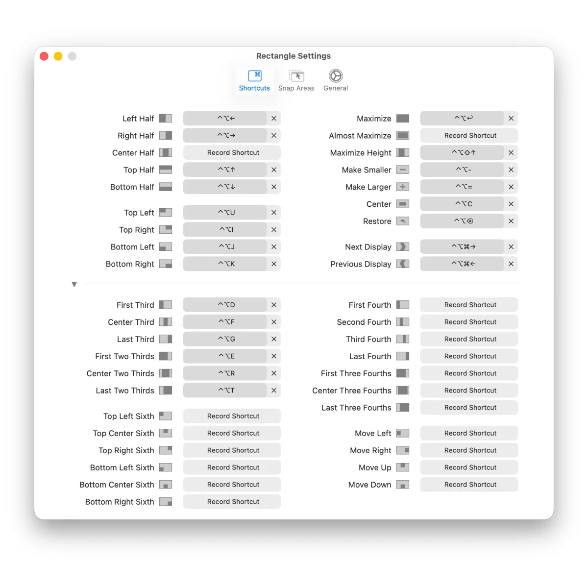 Rectangle’s shortcut settings showing left half, right half, thirds and other window positions.