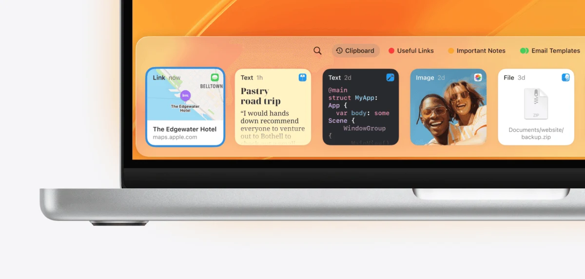 Paste's Mac interface with a horizontal clipboard timeline and Useful Links, Important Notes and Email Templates pinboards.