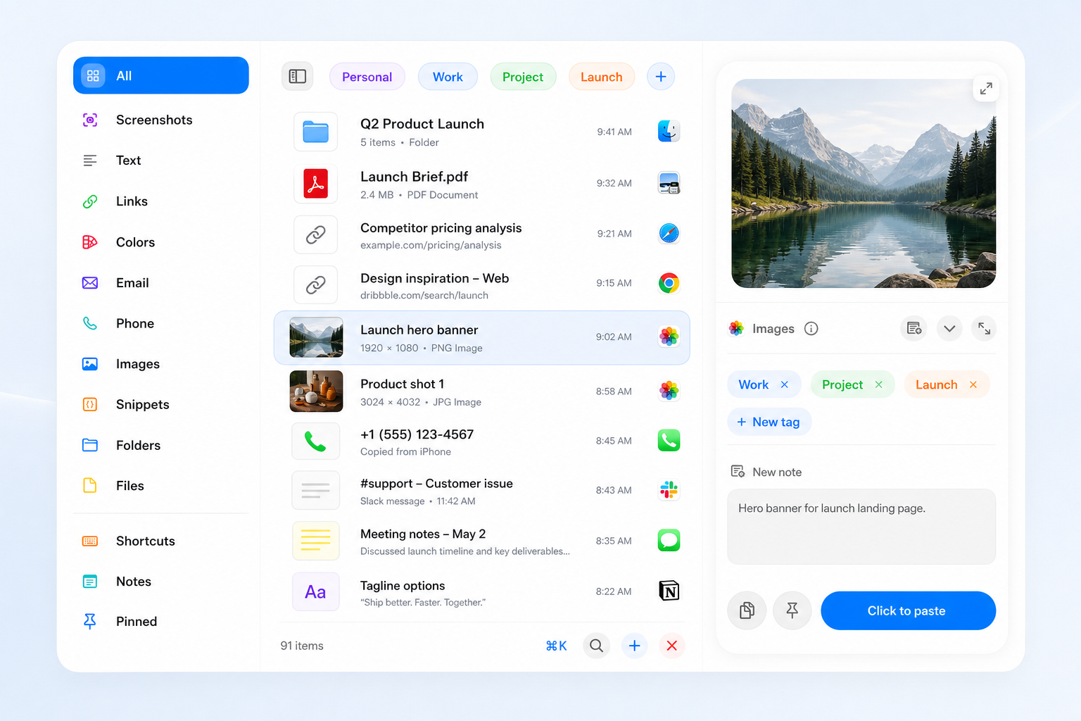 Linkhiv Mac app showing clipboard history, screenshot preview, tags, metadata, notes, search, and paste controls
